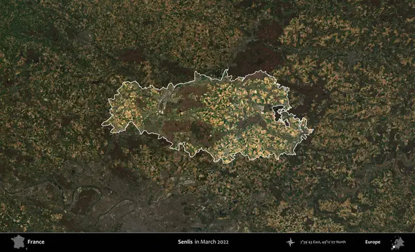 Senlis. Fransa 'nın idari alanı, Mart 2022' de çekilen Kopernik Sentinel karolarından oluşan koyu renkli bir uydu görüntüsü üzerinde vurgulandı ve özetlendi.