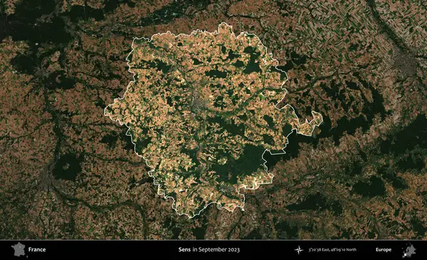 Duyular. Fransa 'nın idari alanı, Eylül 2023' te çekilen Kopernik Nöbetçi karolarından oluşan koyu renkli bir uydu görüntüsü üzerinde vurgulandı ve özetlendi.