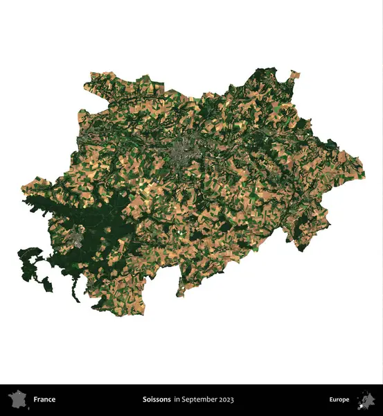 Soissonlar. Fransa 'nın idari bölgesi, Eylül 2023' te çekilen Kopernik Nöbetçi karolarından oluşan bir uydu görüntüsü üzerinde beyaza izole edildi.