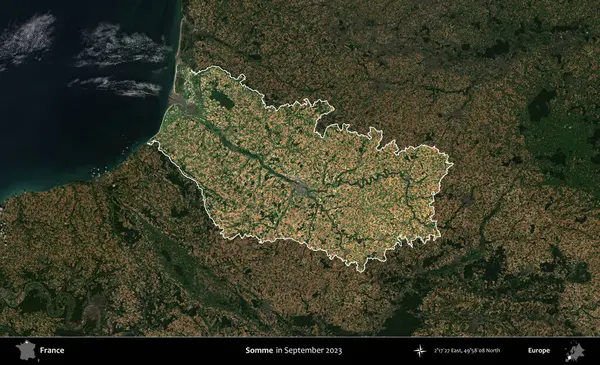 Biraz daha. Fransa 'nın idari alanı, Eylül 2023' te çekilen Kopernik Nöbetçi karolarından oluşan koyu renkli bir uydu görüntüsü üzerinde vurgulandı ve özetlendi.
