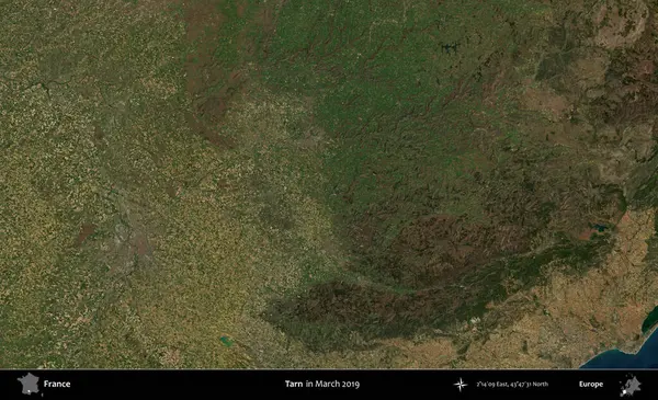 Tarn. Copernicus Sentinel 'in Mart 2019' da çekilmiş uydu görüntüsü üzerine Fransa 'nın idari bölgesi.