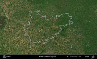 Tarn-et-Garonne. Mayıs 2024 'te çekilen Copernicus Sentinel karolarından oluşan bir uydu görüntüsünde Fransa' nın idari bölgesinin ana hatlarını çizdim.