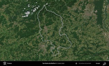 Territoire-de-Belfort. Haziran 2020 'de çekilen Copernicus Sentinel karolarından oluşan bir uydu görüntüsü üzerine Fransa' nın idari bölgesinin ana hatlarını belirledik.