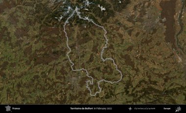 Territoire-de-Belfort. Copernicus Sentinel 'in Şubat 2022' de çekilen uydu görüntüsünde Fransa 'nın idari bölgesinin ana hatları belirlendi.