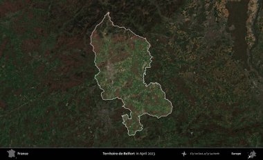 Territoire-de-Belfort. Fransa 'nın idari alanı, Nisan 2023' te çekilen Kopernik Nöbetçi karolarından oluşan koyu renkli bir uydu görüntüsü üzerinde vurgulandı ve özetlendi.