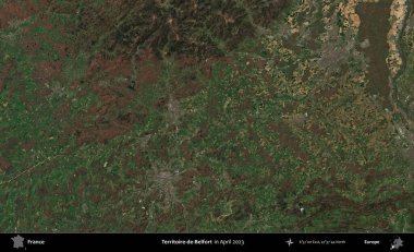 Territoire-de-Belfort. Copernicus Sentinel 'in Nisan 2023' te çekilmiş uydu görüntüsü üzerine Fransa 'nın idari bölgesi.