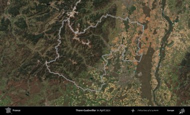 Thann-Guebwiller. Copernicus Sentinel 'in Nisan 2021' de çekilen uydu görüntüsünde Fransa 'nın idari bölgesinin ana hatları belirlendi.
