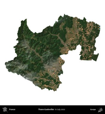 Thann-Guebwiller. Fransa 'nın idari bölgesi, Temmuz 2022' de çekilen Kopernik Nöbetçi karolarından oluşan bir uydu görüntüsüyle beyaza izole edildi.