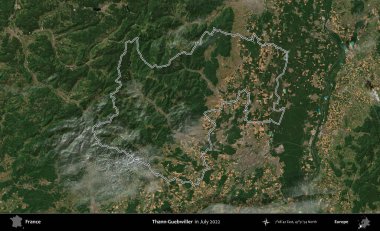 Thann-Guebwiller. Copernicus Sentinel 'in Temmuz 2022' de çekilen uydu görüntüsünde Fransa 'nın idari bölgesinin ana hatları belirlendi.