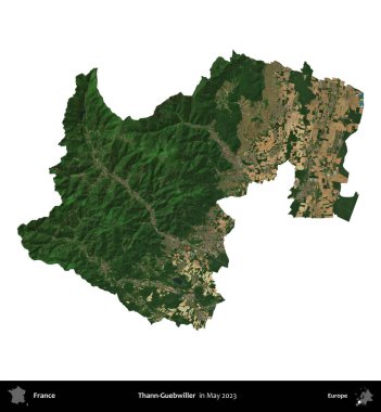 Thann-Guebwiller. Fransa 'nın idari bölgesi, Mayıs 2023' te çekilen Kopernik Nöbetçi karolarından oluşan bir uydu görüntüsüyle beyaza izole edildi.