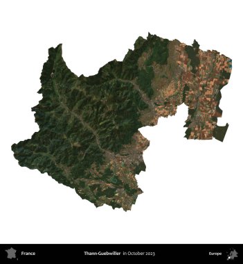 Thann-Guebwiller. Fransa 'nın idari bölgesi, Ekim 2023' te çekilen Kopernik Nöbetçi karolarından oluşan bir uydu görüntüsüyle beyaza izole edildi.