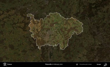 Thionville 'de. Fransa 'nın idari alanı, Şubat 2021' de çekilen Kopernik Sentinel karolarından oluşan koyu renkli bir uydu görüntüsü üzerinde vurgulandı ve özetlendi.