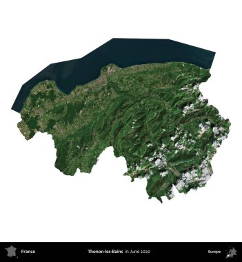Thonon-les-Bains. Fransa 'nın idari bölgesi, Haziran 2020' de çekilen Kopernik Nöbetçi karolarından oluşan bir uydu görüntüsüyle beyaza izole edildi.