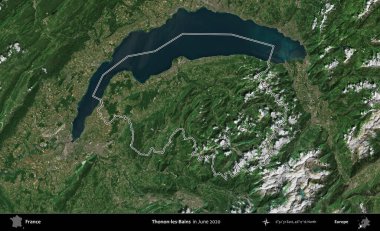 Thonon-les-Bains. Haziran 2020 'de çekilen Copernicus Sentinel karolarından oluşan bir uydu görüntüsü üzerine Fransa' nın idari bölgesinin ana hatlarını belirledik.