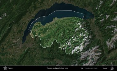 Thonon-les-Bains. Fransa 'nın idari alanı, Haziran 2020' de çekilen Kopernik Nöbetçi karolarından oluşan koyu renkli bir uydu görüntüsüyle vurgulandı ve özetlendi.