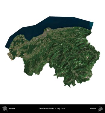 Thonon-les-Bains. Fransa 'nın idari bölgesi, Temmuz 2020' de çekilen Kopernik Nöbetçi karolarından oluşan uydu görüntüsüyle beyaza izole edildi.