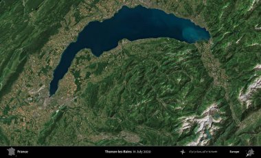Thonon-les-Bains. Copernicus Sentinel 'in Temmuz 2020' de çekilmiş uydu görüntüsü üzerine Fransa 'nın idari bölgesi.