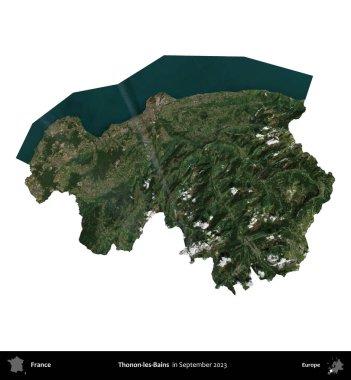 Thonon-les-Bains. Fransa 'nın idari bölgesi, Eylül 2023' te çekilen Kopernik Nöbetçi karolarından oluşan bir uydu görüntüsü üzerinde beyaza izole edildi.
