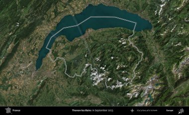 Thonon-les-Bains. Eylül 2023 'te çekilen Copernicus Sentinel karolarından oluşan bir uydu görüntüsünde Fransa' nın idari bölgesinin ana hatlarını çizdim.
