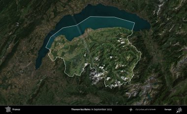 Thonon-les-Bains. Fransa 'nın idari alanı, Eylül 2023' te çekilen Kopernik Nöbetçi karolarından oluşan koyu renkli bir uydu görüntüsü üzerinde vurgulandı ve özetlendi.