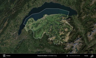 Thonon-les-Bains. Fransa 'nın idari alanı, Ekim 2023' te çekilen Kopernik Nöbetçi karolarından oluşan koyu renkli bir uydu görüntüsü üzerinde vurgulandı ve özetlendi.