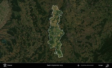 Toul. Fransa 'nın idari alanı, Eylül 2023' te çekilen Kopernik Nöbetçi karolarından oluşan koyu renkli bir uydu görüntüsü üzerinde vurgulandı ve özetlendi.