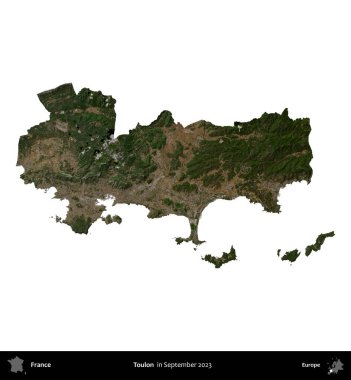 Toulon. Fransa 'nın idari bölgesi, Eylül 2023' te çekilen Kopernik Nöbetçi karolarından oluşan bir uydu görüntüsü üzerinde beyaza izole edildi.
