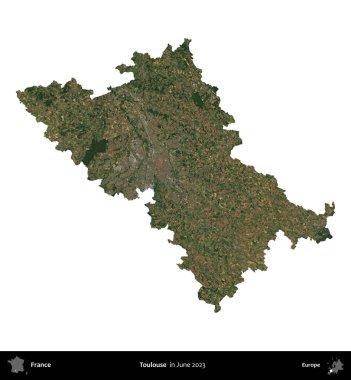 Toulouse. Fransa 'nın idari bölgesi, Haziran 2023' te çekilen Kopernik Nöbetçi karolarından oluşan bir uydu görüntüsüyle beyaza izole edildi.