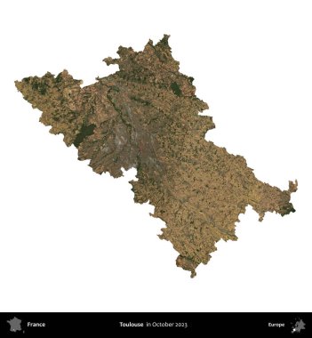 Toulouse. Fransa 'nın idari bölgesi, Ekim 2023' te çekilen Kopernik Nöbetçi karolarından oluşan bir uydu görüntüsüyle beyaza izole edildi.