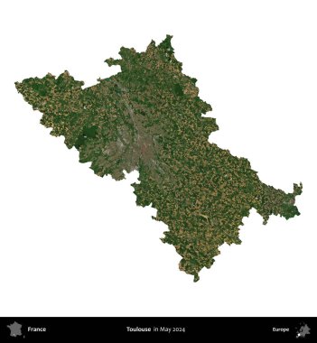 Toulouse. Fransa 'nın idari bölgesi, Mayıs 2024' te çekilen Kopernik Nöbetçi karolarından oluşan bir uydu görüntüsü üzerinde beyaza izole edildi.