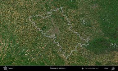 Toulouse. Mayıs 2024 'te çekilen Copernicus Sentinel karolarından oluşan bir uydu görüntüsünde Fransa' nın idari bölgesinin ana hatlarını çizdim.