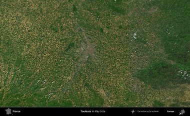 Toulouse. Mayıs 2024 'te Copernicus Sentinel karolarından oluşan bir uydu görüntüsü üzerine Fransa' nın idari bölgesi