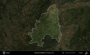 Tournon-sur-Rhone. Fransa 'nın idari alanı, Ekim 2023' te çekilen Kopernik Nöbetçi karolarından oluşan koyu renkli bir uydu görüntüsü üzerinde vurgulandı ve özetlendi.