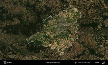 Turlar. Fransa 'nın idari alanı, Ekim 2023' te çekilen Kopernik Nöbetçi karolarından oluşan koyu renkli bir uydu görüntüsü üzerinde vurgulandı ve özetlendi.