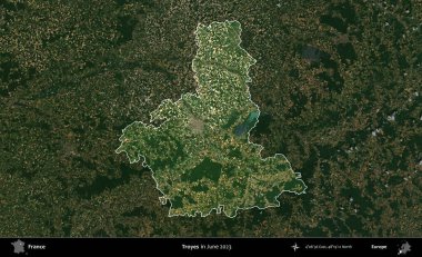 Troyes. Fransa 'nın idari alanı, Haziran 2023' te çekilen Kopernik Nöbetçi karolarından oluşan koyu renkli bir uydu görüntüsüyle vurgulandı ve özetlendi.