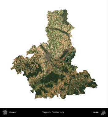 Troyes. Fransa 'nın idari bölgesi, Ekim 2023' te çekilen Kopernik Nöbetçi karolarından oluşan bir uydu görüntüsüyle beyaza izole edildi.