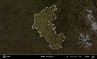 Tulle. Fransa 'nın idari alanı, Şubat 2022' de çekilen Kopernik Sentinel karolarından oluşan koyu renkli bir uydu görüntüsü üzerinde vurgulandı ve özetlendi.