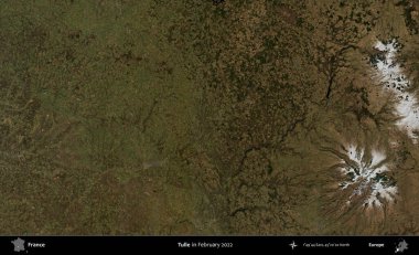 Tulle. Copernicus Sentinel 'in Şubat 2022' de çekilmiş uydu görüntüsü üzerine Fransa 'nın idari bölgesi.