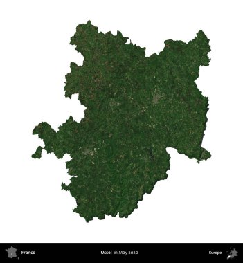 Ussel. Fransa 'nın idari bölgesi, Mayıs 2020' de çekilen Kopernik Nöbetçi karolarından oluşan bir uydu görüntüsüyle beyaza izole edildi.