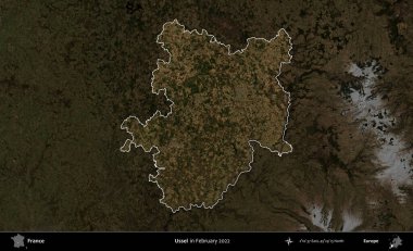 Ussel. Fransa 'nın idari alanı, Şubat 2022' de çekilen Kopernik Sentinel karolarından oluşan koyu renkli bir uydu görüntüsü üzerinde vurgulandı ve özetlendi.