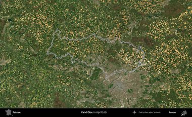 Val-d'Oise. Copernicus Sentinel 'in Nisan 2021' de çekilen uydu görüntüsünde Fransa 'nın idari bölgesinin ana hatları belirlendi.