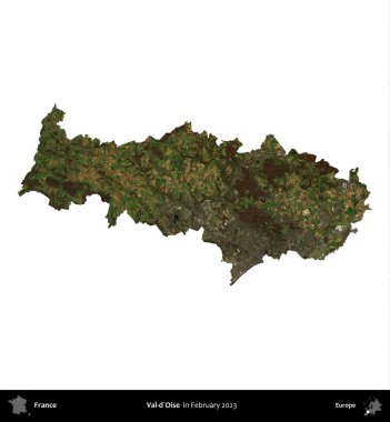 Val-d'Oise. Fransa 'nın idari bölgesi, Şubat 2023' te çekilen Kopernik Nöbetçi karolarından oluşan bir uydu görüntüsüyle beyaza izole edildi.