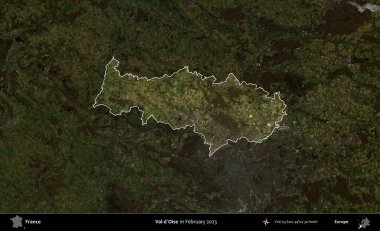 Val-d'Oise. Fransa 'nın idari alanı, Şubat 2023' te çekilen Kopernik Nöbetçi karolarından oluşan koyu renkli bir uydu görüntüsü üzerinde vurgulandı ve özetlendi.