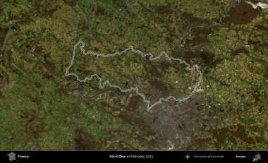 Val-d'Oise. Copernicus Sentinel 'in Şubat 2023' te çekilen uydu görüntüsünde Fransa 'nın idari bölgesinin ana hatları belirlendi.