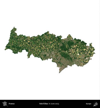 Val-d'Oise. Fransa 'nın idari bölgesi, Haziran 2023' te çekilen Kopernik Nöbetçi karolarından oluşan bir uydu görüntüsüyle beyaza izole edildi.