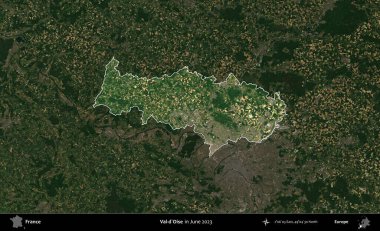 Val-d'Oise. Fransa 'nın idari alanı, Haziran 2023' te çekilen Kopernik Nöbetçi karolarından oluşan koyu renkli bir uydu görüntüsüyle vurgulandı ve özetlendi.