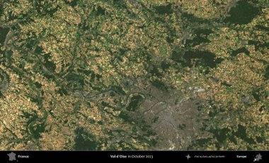 Val-d'Oise. Copernicus Sentinel 'in Ekim 2023' te çekilmiş uydu görüntüsü üzerine Fransa 'nın idari bölgesi.