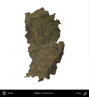 Valence. Fransa 'nın idari bölgesi, Şubat 2023' te çekilen Kopernik Nöbetçi karolarından oluşan bir uydu görüntüsüyle beyaza izole edildi.