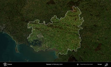 Vannes. Fransa 'nın idari alanı, Şubat 2020' de çekilen Kopernik Nöbetçi karolarından oluşan koyu renkli bir uydu görüntüsü üzerinde vurgulandı ve özetlendi.