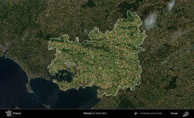 Vannes. Fransa 'nın idari alanı, Haziran 2021' de çekilen Kopernik Sentinel karolarından oluşan koyu renkli bir uydu görüntüsü üzerinde vurgulandı ve özetlendi.
